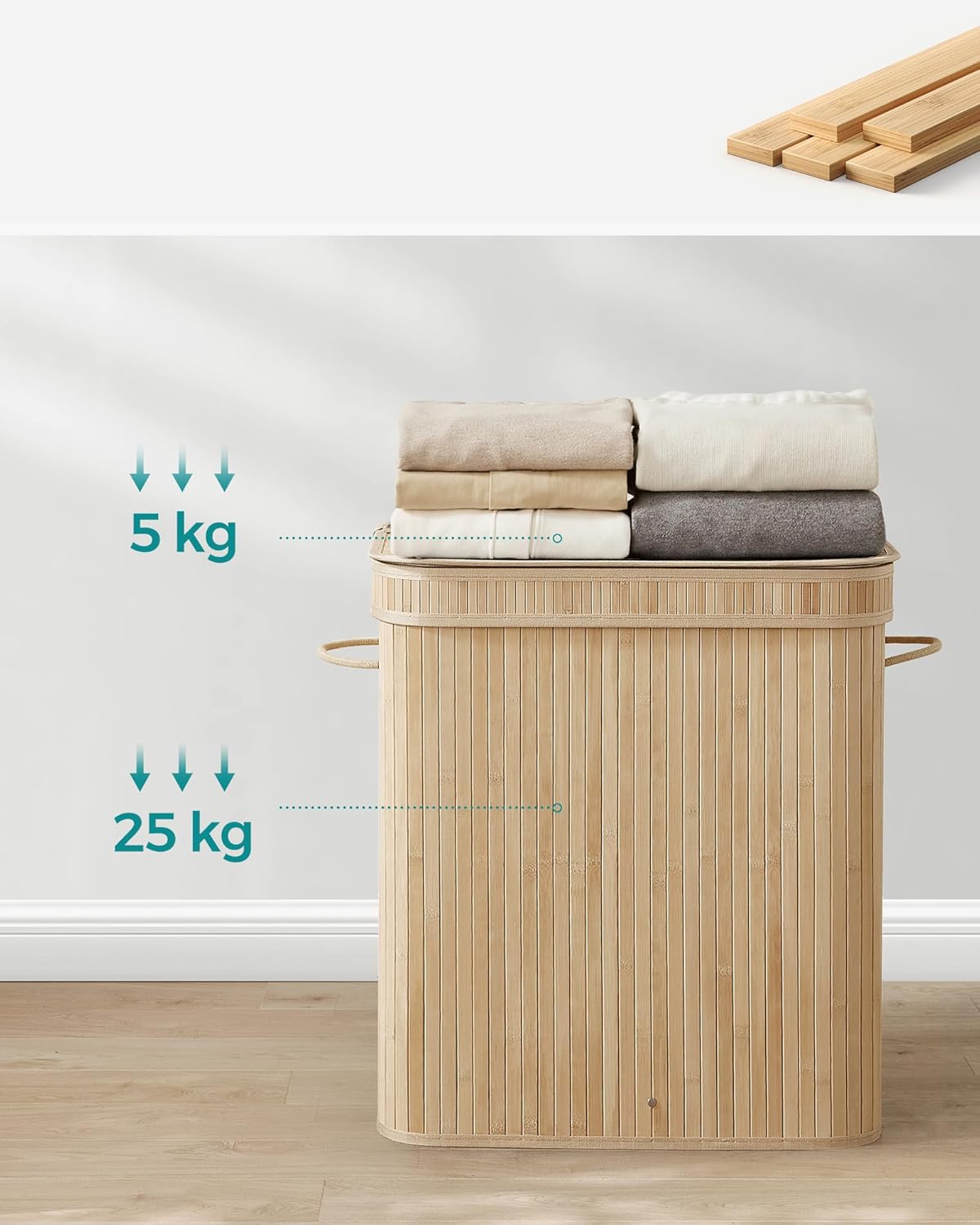 SONGMICS Cos de rufe din bambus cu capac 100L, sac textil detasabil, 55x35x61 cm, bej natur - imagine 5