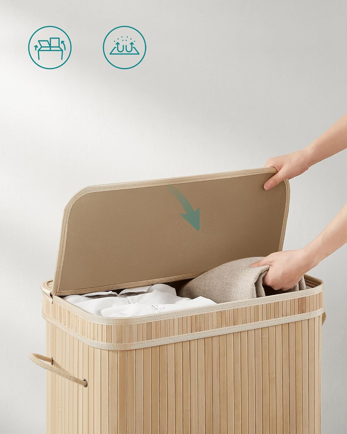 SONGMICS Cos de rufe din bambus cu capac 100L, sac textil detasabil, 55x35x61 cm, bej natur - imagine 6