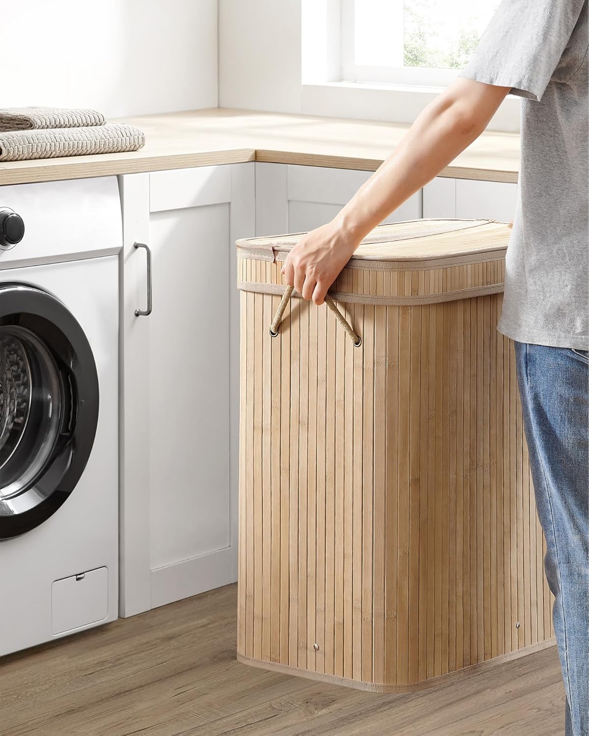 SONGMICS Cos de rufe din bambus cu capac 100L, sac textil detasabil, 55x35x61 cm, bej natur - imagine 7
