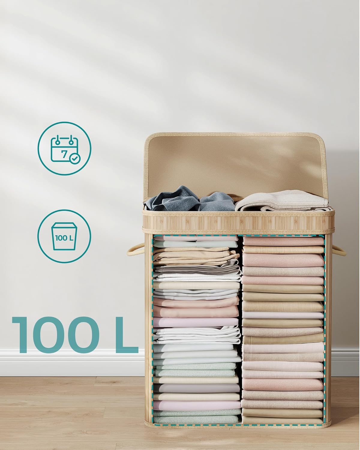 SONGMICS Cos de rufe din bambus cu capac 100L, sac textil detasabil, 55x35x61 cm, bej natur - imagine 9