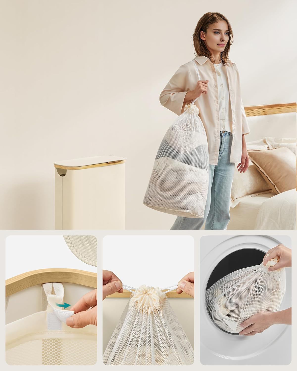 SONGMICS Cos rufe slim pentru spatii inguste, sac detasabil, 65 litri, 42x23x71 cm, crem - imagine 3