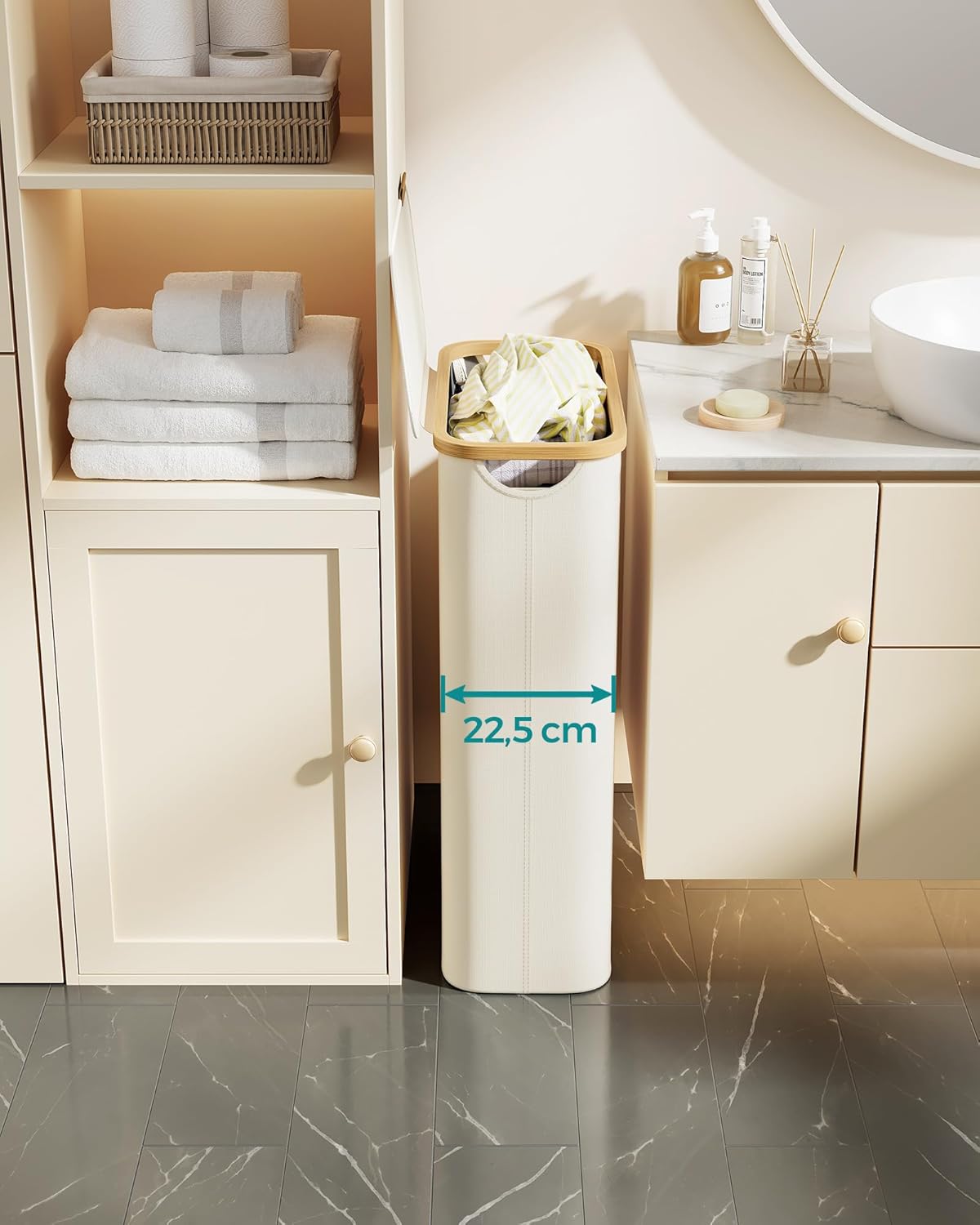 SONGMICS Cos rufe slim pentru spatii inguste, sac detasabil, 65 litri, 42x23x71 cm, crem - imagine 4