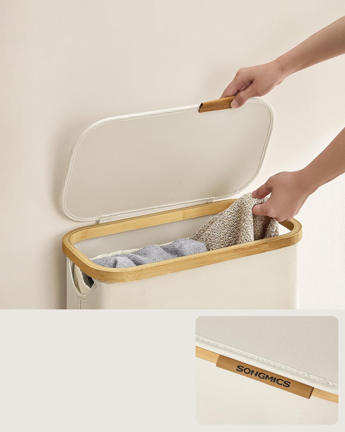 SONGMICS Cos rufe slim pentru spatii inguste, sac detasabil, 65 litri, 42x23x71 cm, crem - imagine 5