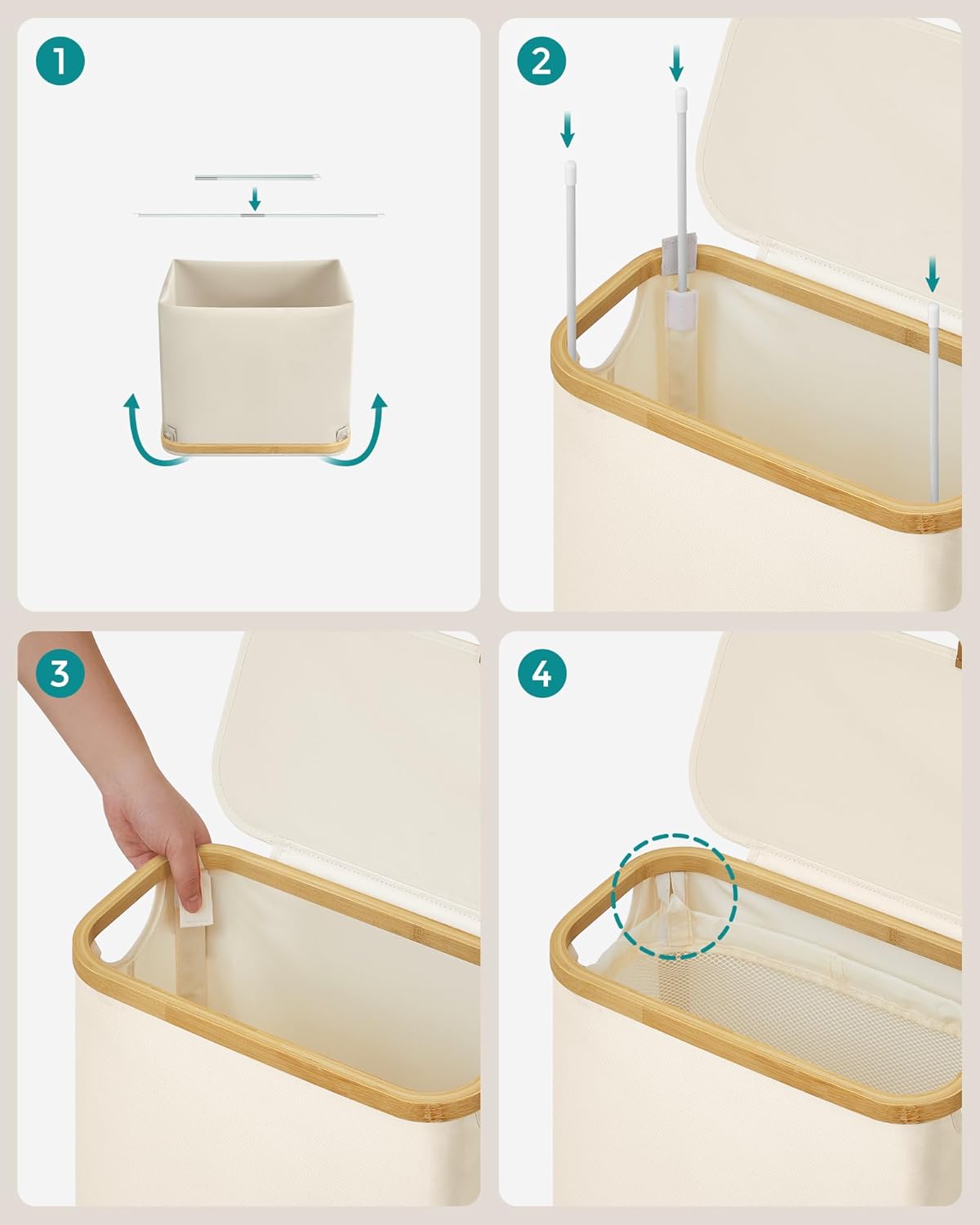 SONGMICS Cos rufe slim pentru spatii inguste, sac detasabil, 65 litri, 42x23x71 cm, crem - imagine 6