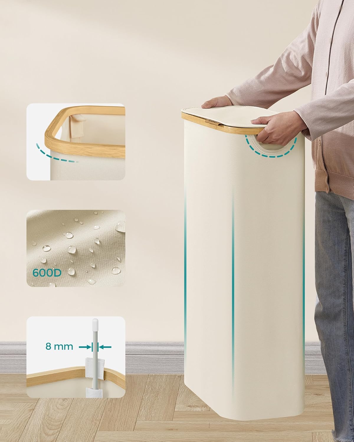 SONGMICS Cos rufe slim pentru spatii inguste, sac detasabil, 65 litri, 42x23x71 cm, crem - imagine 7