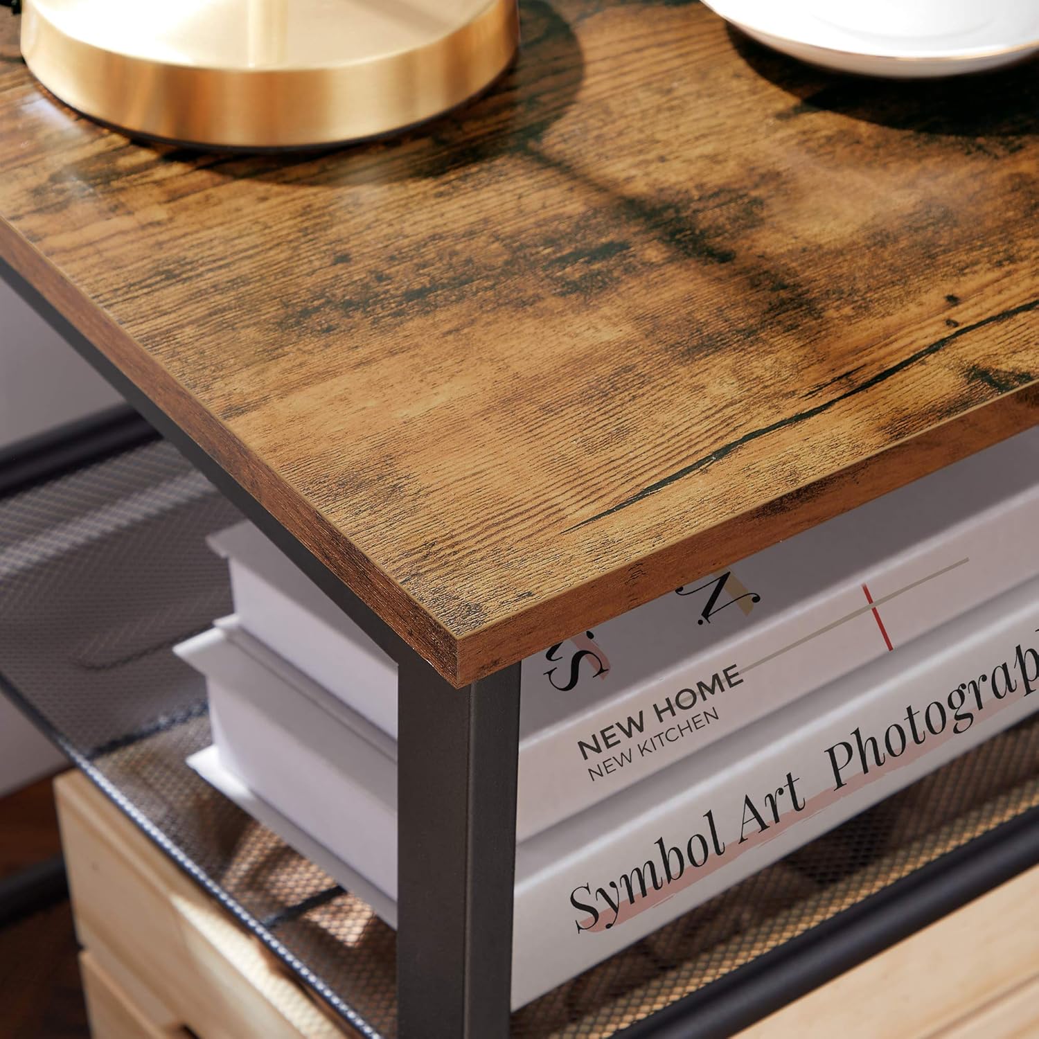 VASAGLE Noptiera cu cadru metalic, blat MDF, rafturi reglabile, 40x40x50cm, maro rustic - imagine 4