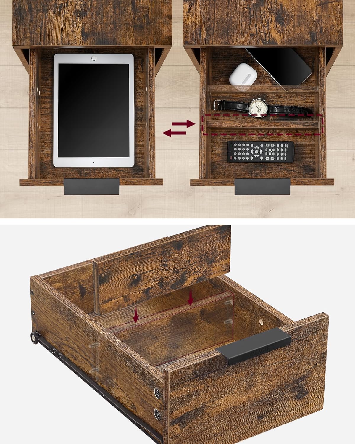 VASAGLE Noptiera 60x35x61 cm, cu 2 sertare, rafturi si priza incorporata, PAL si otel, maro rustic - imagine 3