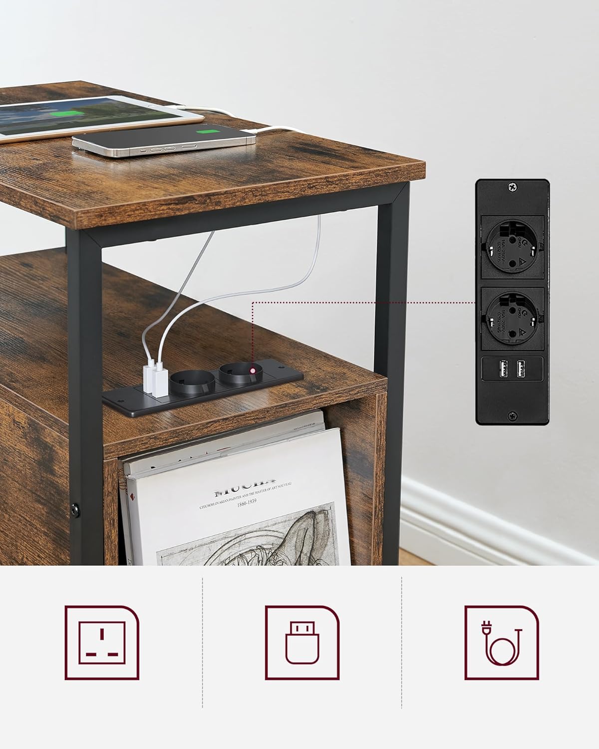VASAGLE Noptiera 60x35x61 cm, cu 2 sertare, rafturi si priza incorporata, PAL si otel, maro rustic - imagine 4