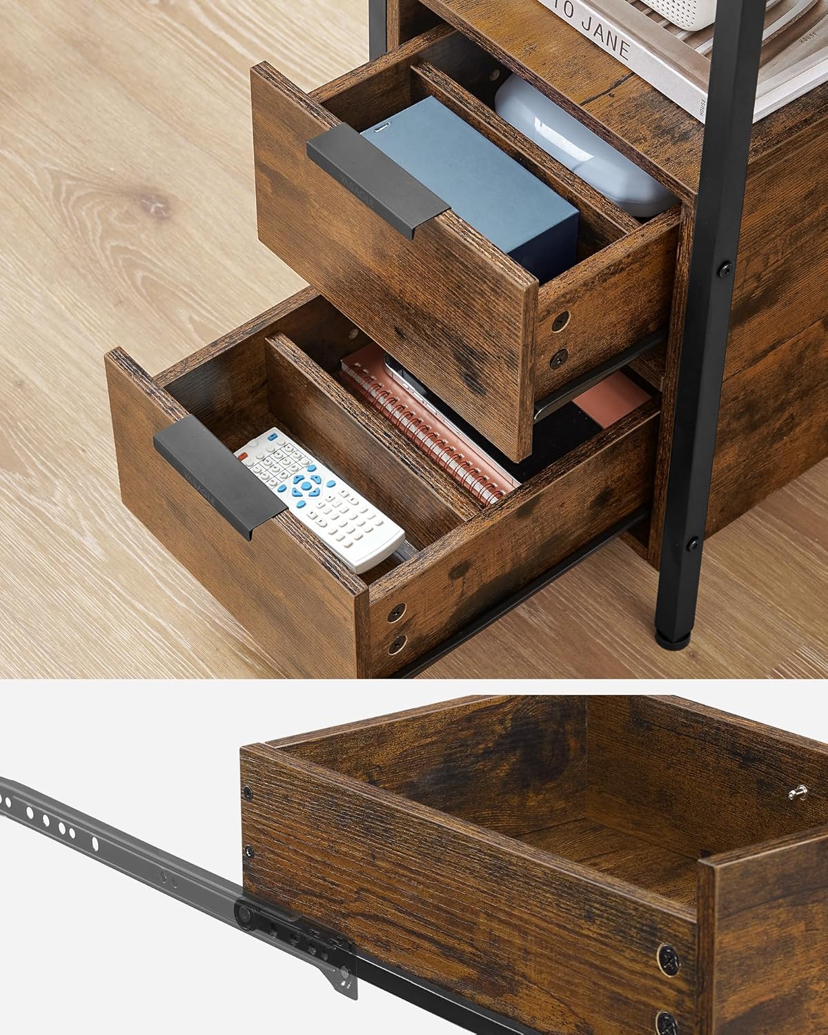 VASAGLE Noptiera 60x35x61 cm, cu 2 sertare, rafturi si priza incorporata, PAL si otel, maro rustic - imagine 6