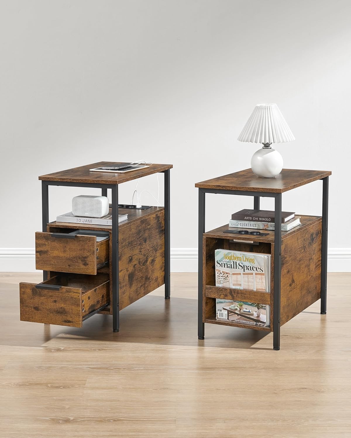 VASAGLE Noptiera 60x35x61 cm, cu 2 sertare, rafturi si priza incorporata, PAL si otel, maro rustic - imagine 8