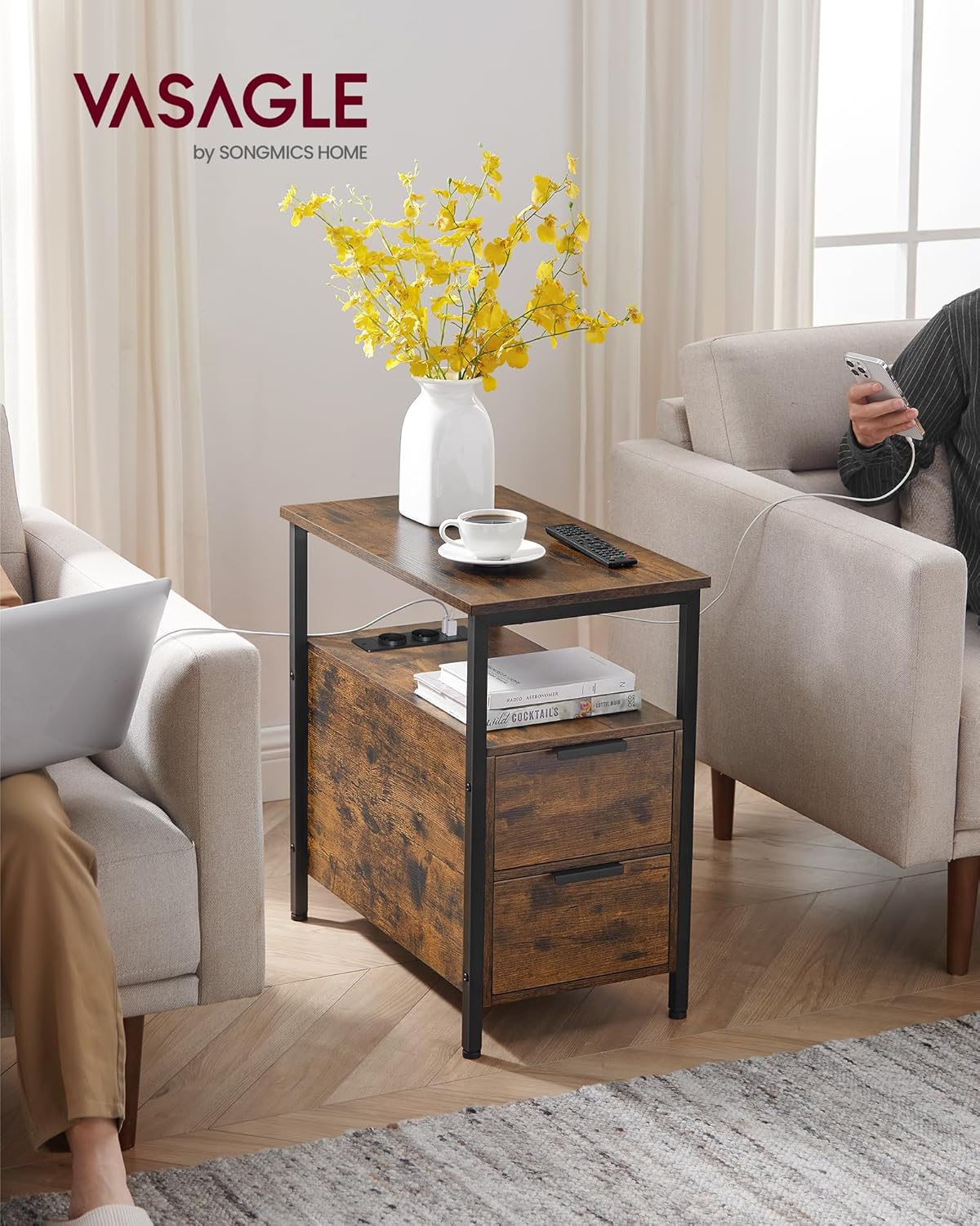 VASAGLE Noptiera 60x35x61 cm, cu 2 sertare, rafturi si priza incorporata, PAL si otel, maro rustic - imagine 9