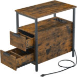 VASAGLE Noptiera 60x35x61 cm, cu 2 sertare, rafturi si priza incorporata, PAL si otel, maro rustic