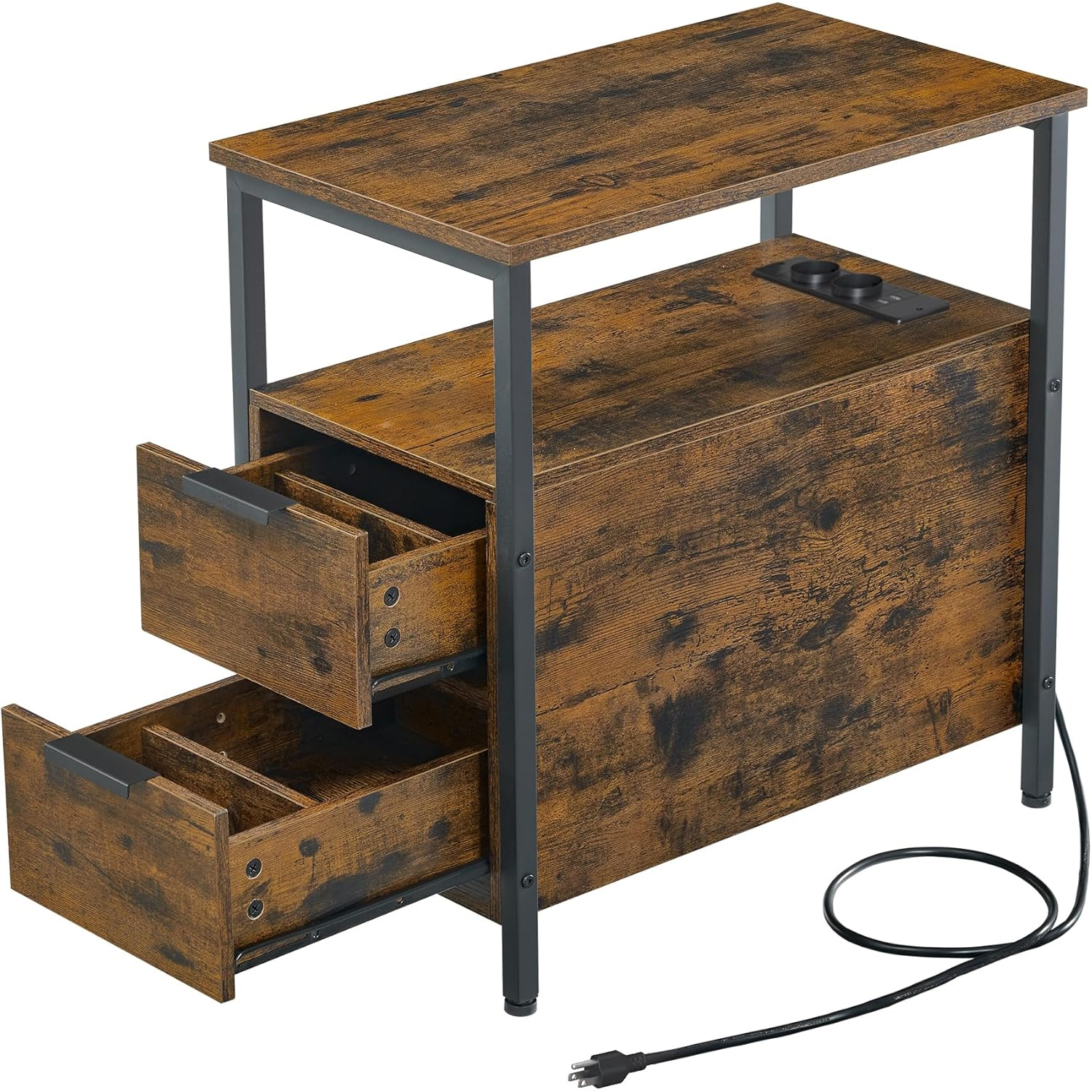 VASAGLE Noptiera 60x35x61 cm, cu 2 sertare, rafturi si priza incorporata, PAL si otel, maro rustic