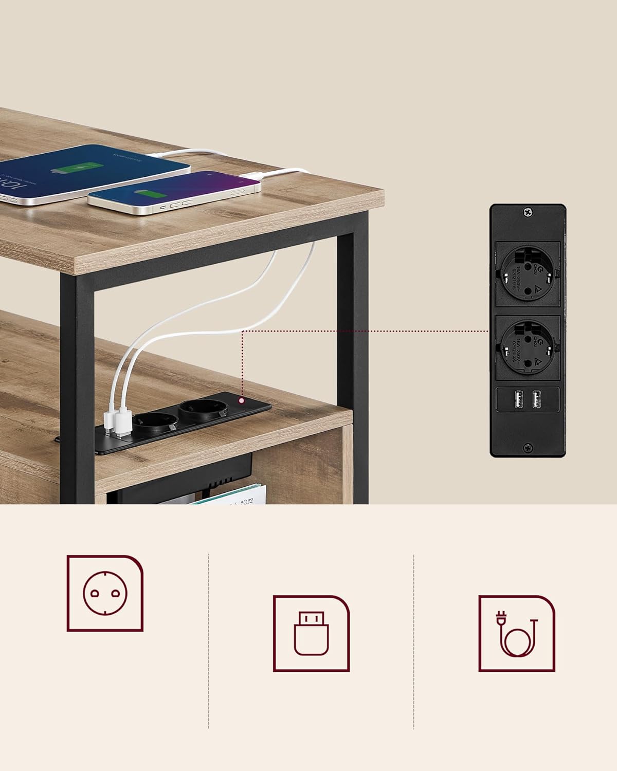 VASAGLE Noptiera 60x35x61 cm, cu 2 sertare, rafturi si priza incorporata, PAL si otel, maro - imagine 2