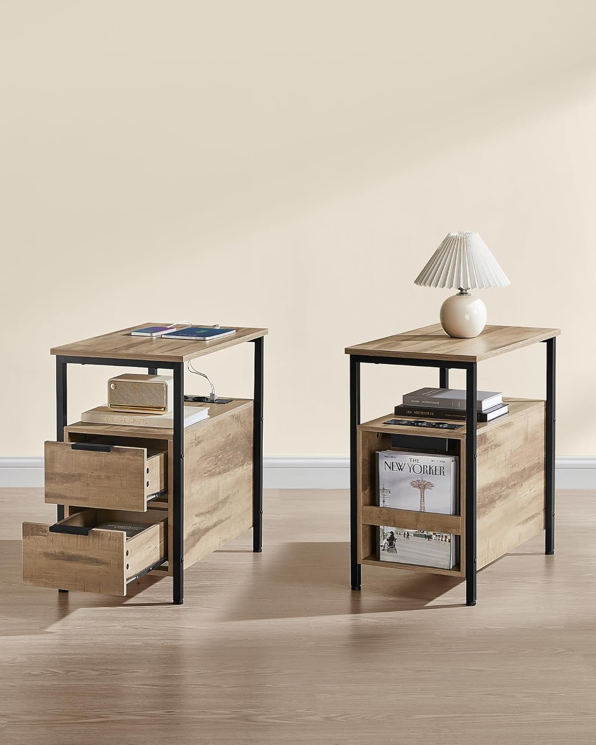 VASAGLE Noptiera 60x35x61 cm, cu 2 sertare, rafturi si priza incorporata, PAL si otel, maro - imagine 4