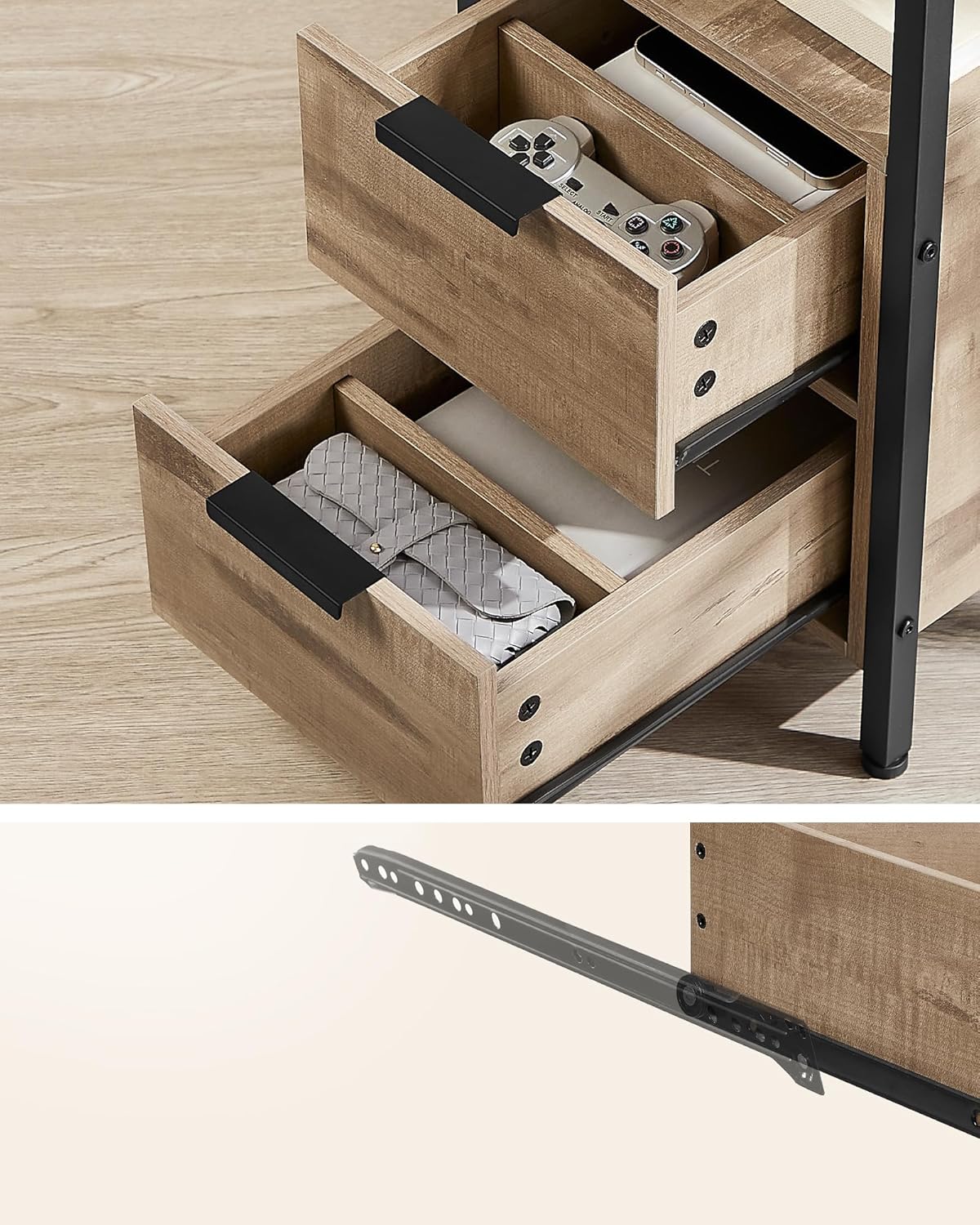 VASAGLE Noptiera 60x35x61 cm, cu 2 sertare, rafturi si priza incorporata, PAL si otel, maro - imagine 5