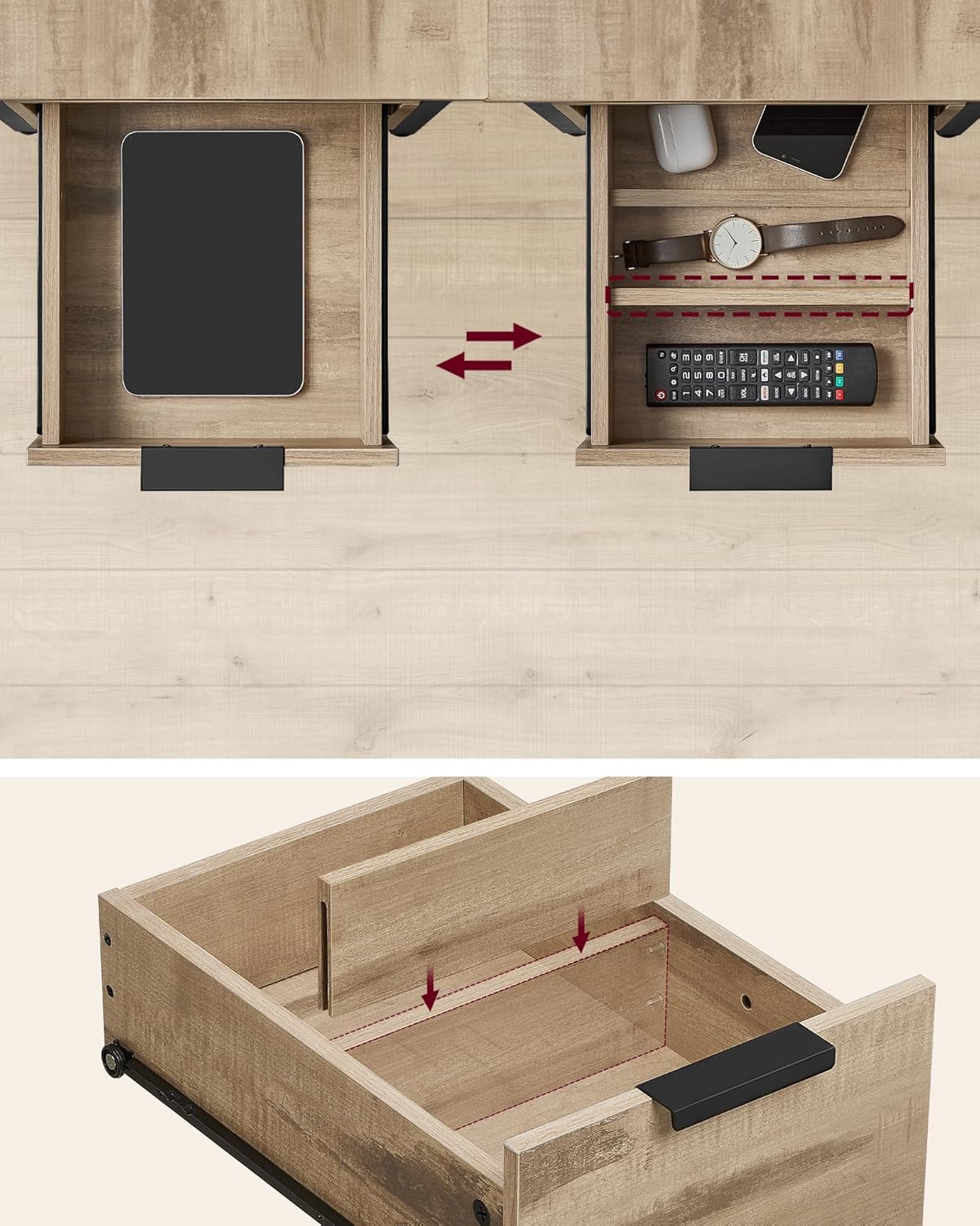 VASAGLE Noptiera 60x35x61 cm, cu 2 sertare, rafturi si priza incorporata, PAL si otel, maro - imagine 8