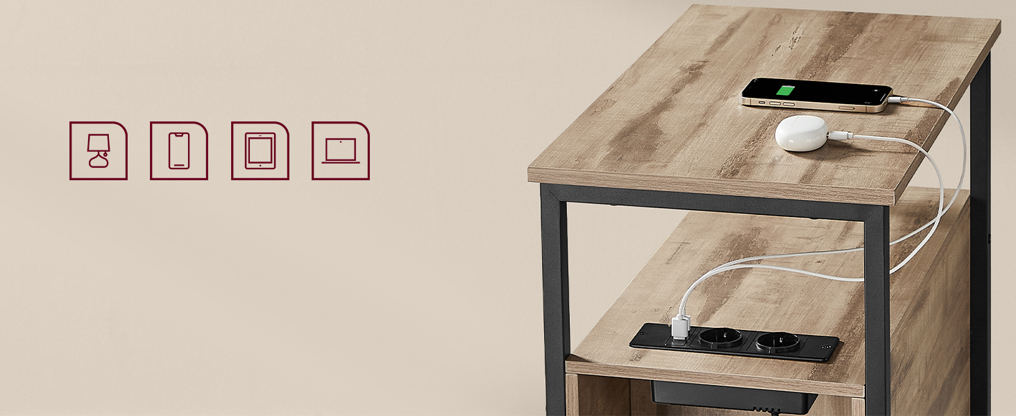 VASAGLE Noptiera 60x35x61 cm, cu 2 sertare, rafturi si priza incorporata, PAL si otel, maro - imagine 9