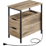 VASAGLE Noptiera 60x35x61 cm, cu 2 sertare, rafturi si priza incorporata, PAL si otel, maro