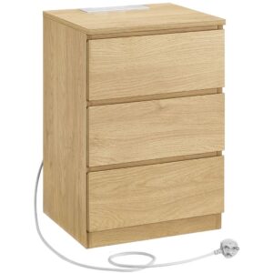 VASAGLE Noptiera Kailyn cu prize si USB integrate, 3 sertare, PAL, 40x35x59 cm, natur