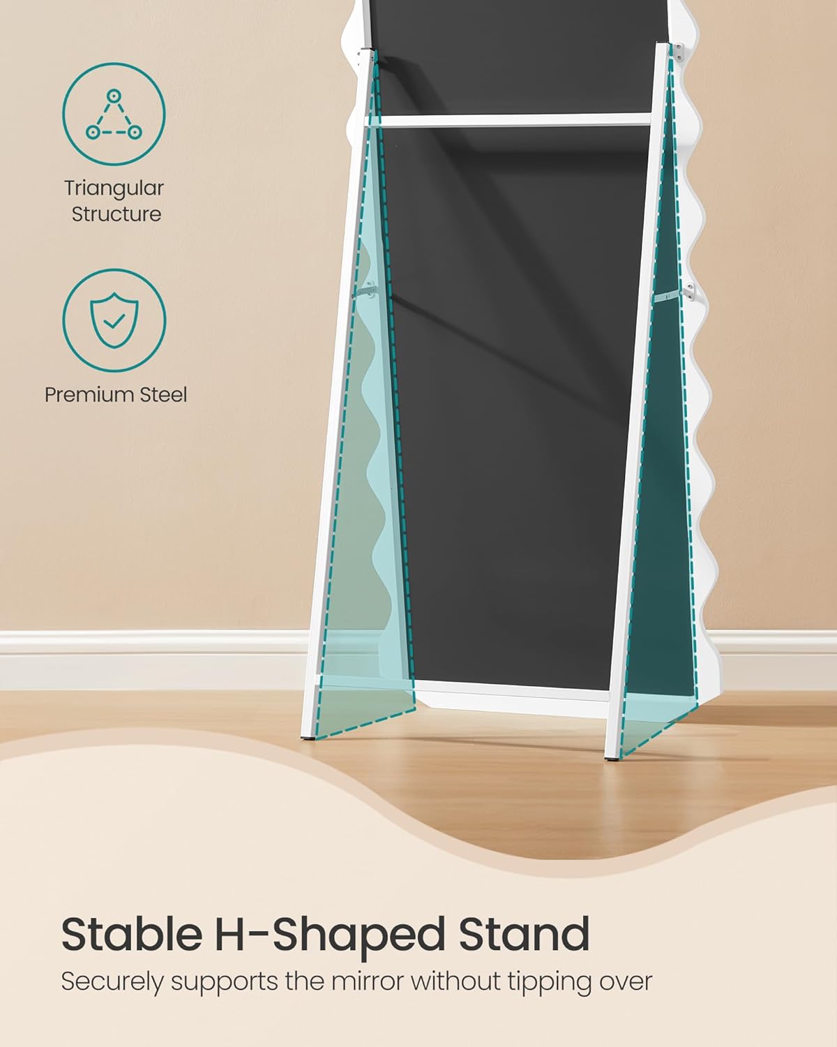 SONGMICS Oglinda de podea ondulata 160x50 cm, rama MDF cu suport, alb - imagine 2