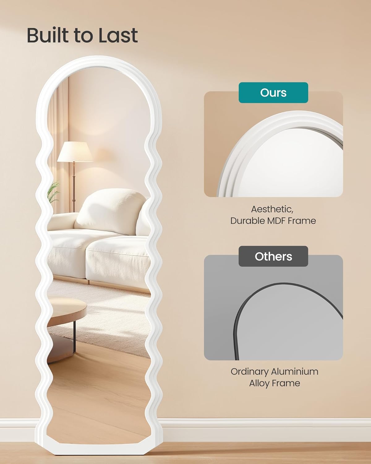 SONGMICS Oglinda de podea ondulata 160x50 cm, rama MDF cu suport, alb - imagine 3