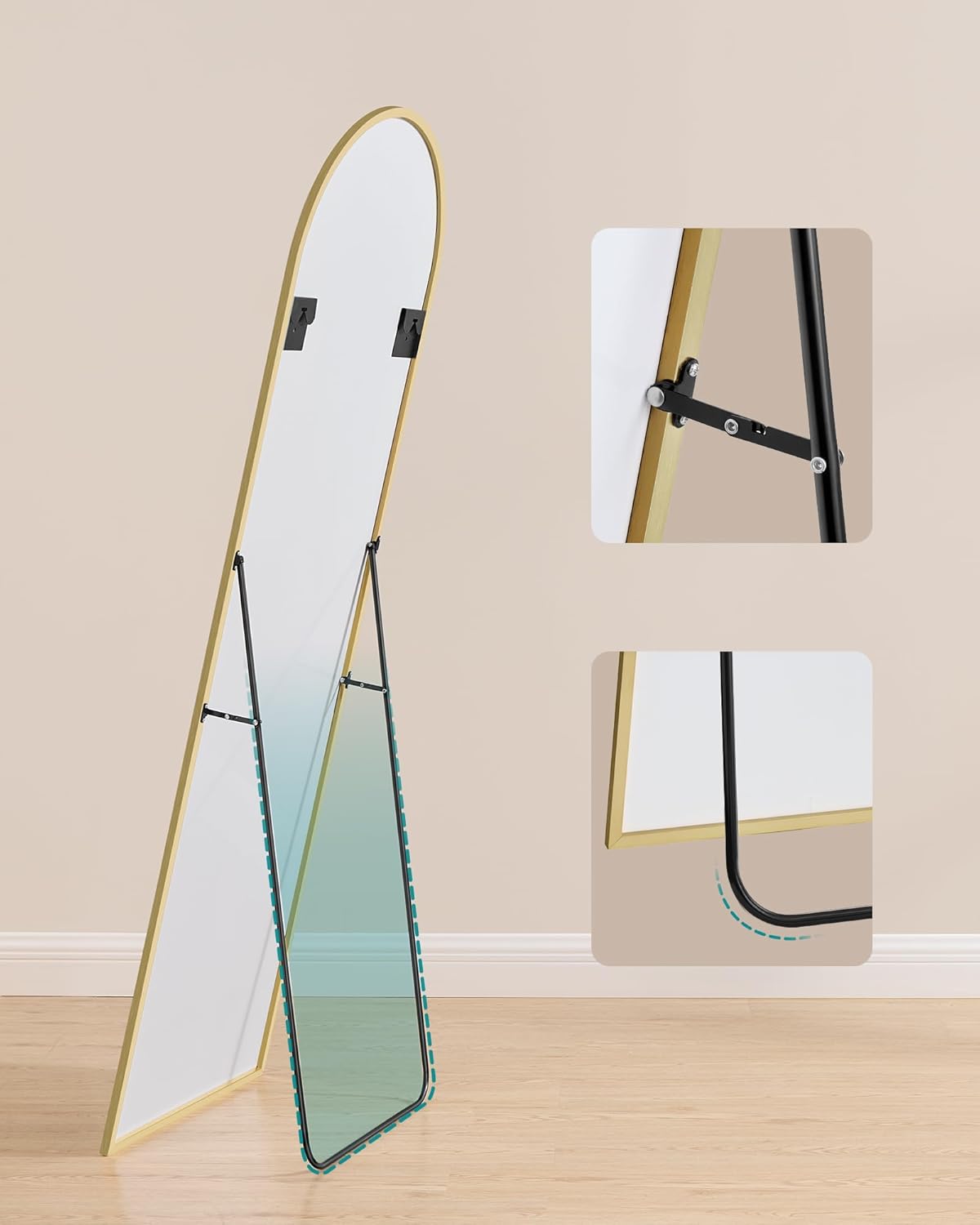 SONGMICS Oglinda podea, cu rama aluminiu si sticla securizata, design curbat, 160x50 cm, auriu - imagine 2