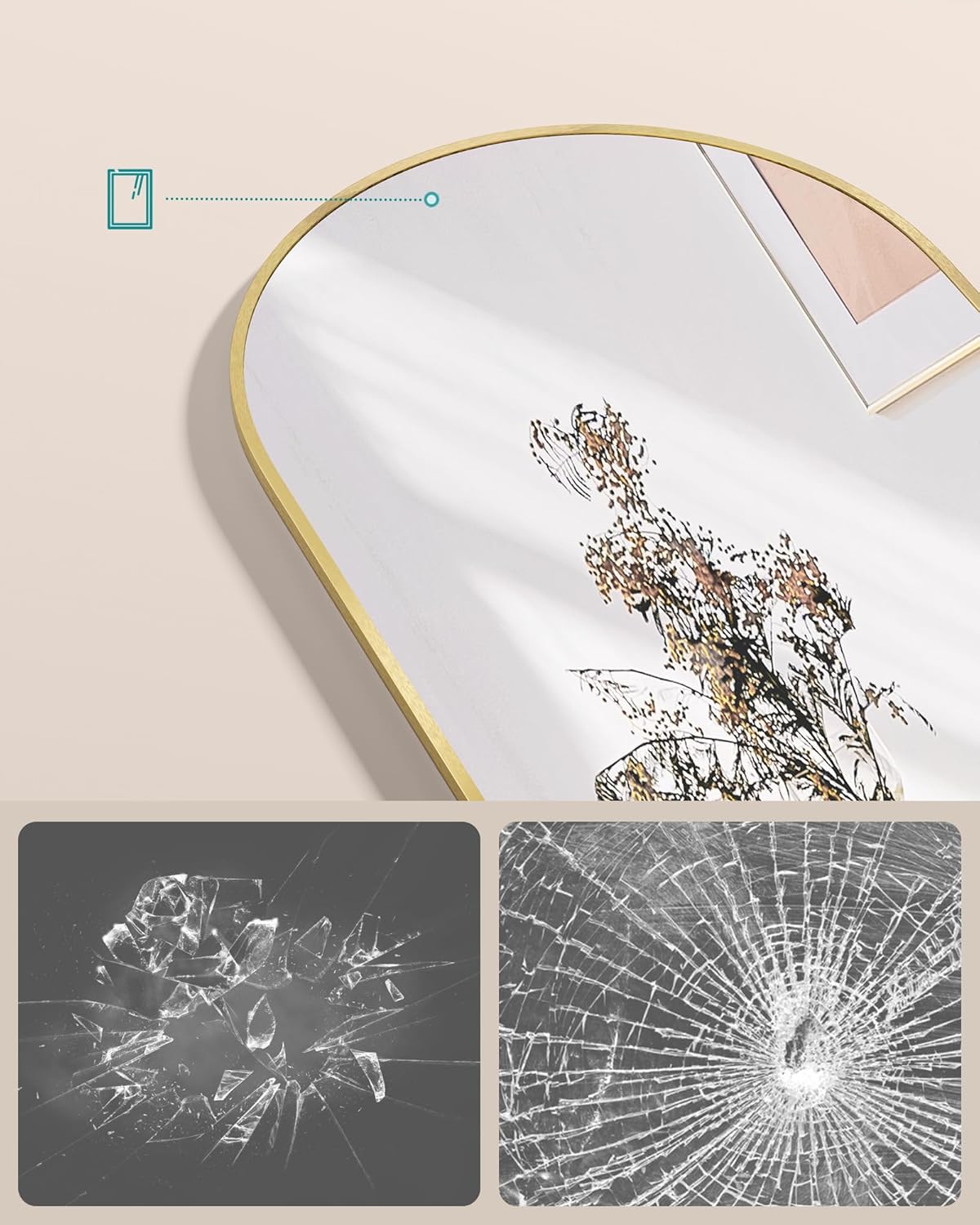 SONGMICS Oglinda podea, cu rama aluminiu si sticla securizata, design curbat, 160x50 cm, auriu - imagine 3