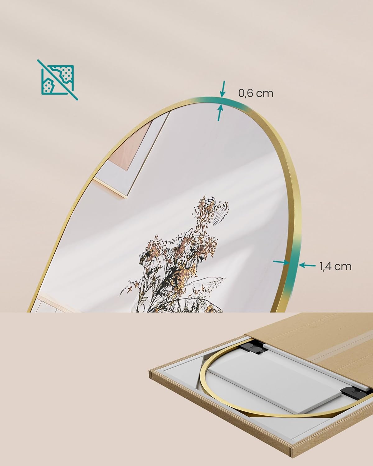 SONGMICS Oglinda podea, cu rama aluminiu si sticla securizata, design curbat, 160x50 cm, auriu - imagine 4