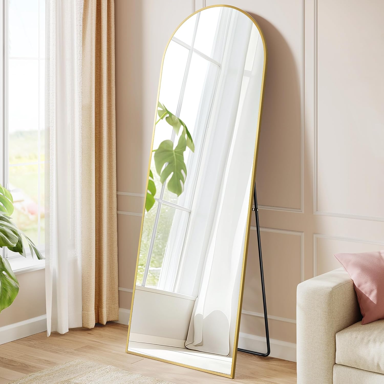 SONGMICS Oglinda podea, cu rama aluminiu si sticla securizata, design curbat, 160x50 cm, auriu