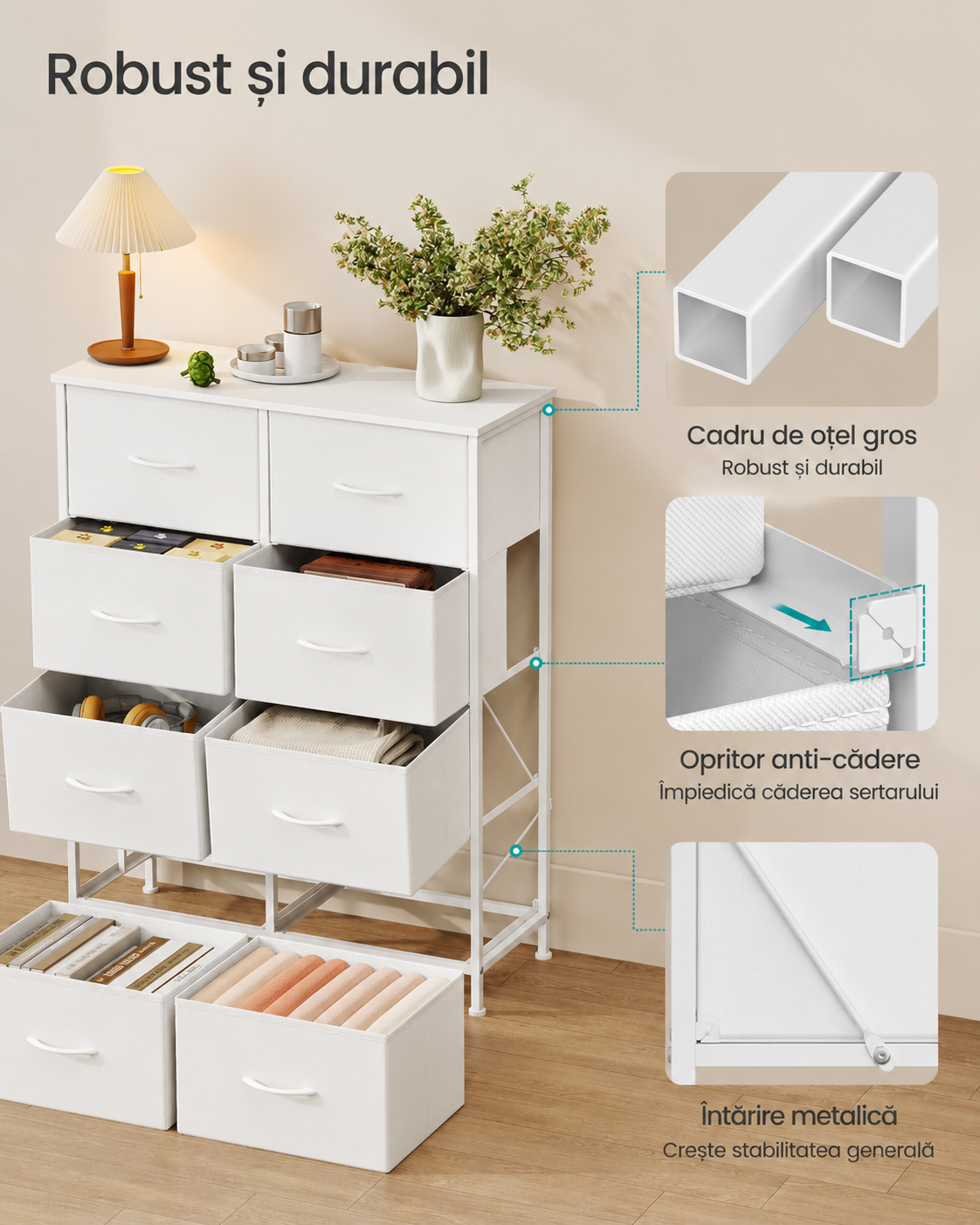 SONGMICS Comoda cu 8 sertare textile cu structura MDF, cadru metalic, stil minimalist, 77x30x95 cm, alb - imagine 4