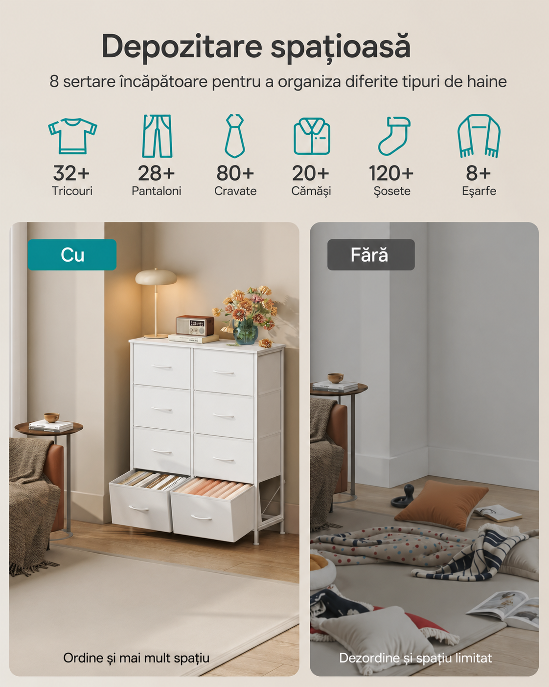 SONGMICS Comoda cu 8 sertare textile cu structura MDF, cadru metalic, stil minimalist, 77x30x95 cm, alb - imagine 5