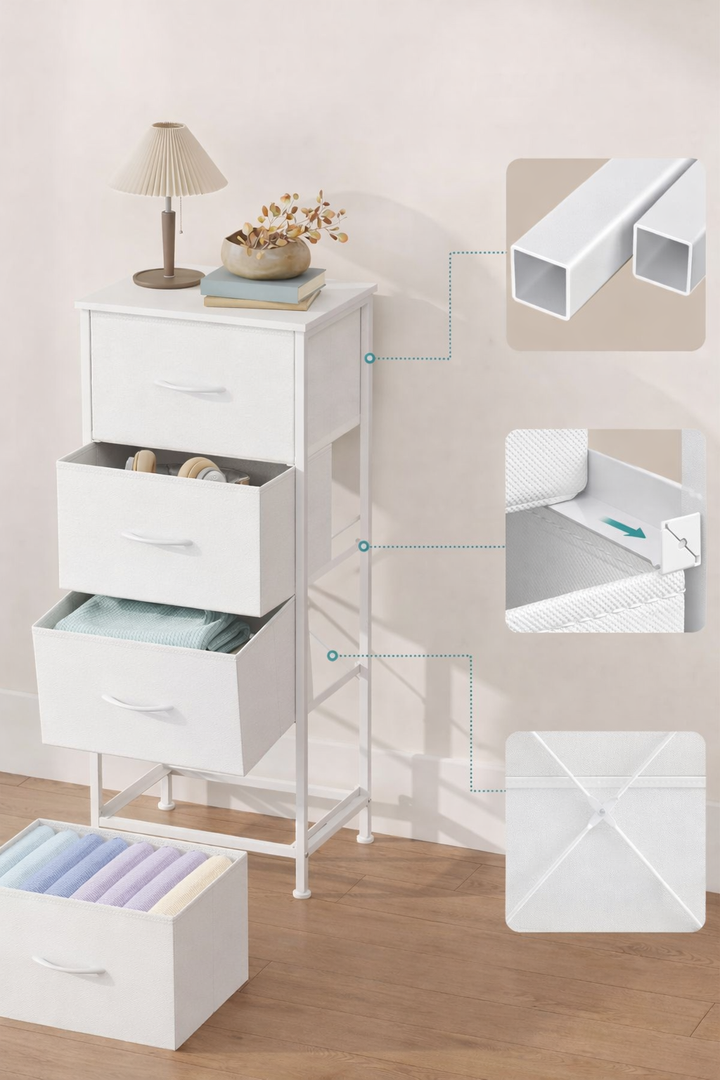 SONGMICS Comoda cu 4 sertare textile, cadru metalic si blat MDF, 40x30x95 cm, alb - imagine 3