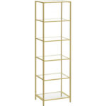 VASAGLE Raft cu trepte pentru dormitor, 6 etaje, din sticla securizata, cadru din otel, 30x40x177 cm, auriu