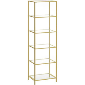 VASAGLE Raft cu trepte pentru dormitor, 6 etaje, din sticla securizata, cadru din otel, 30x40x177 cm, auriu