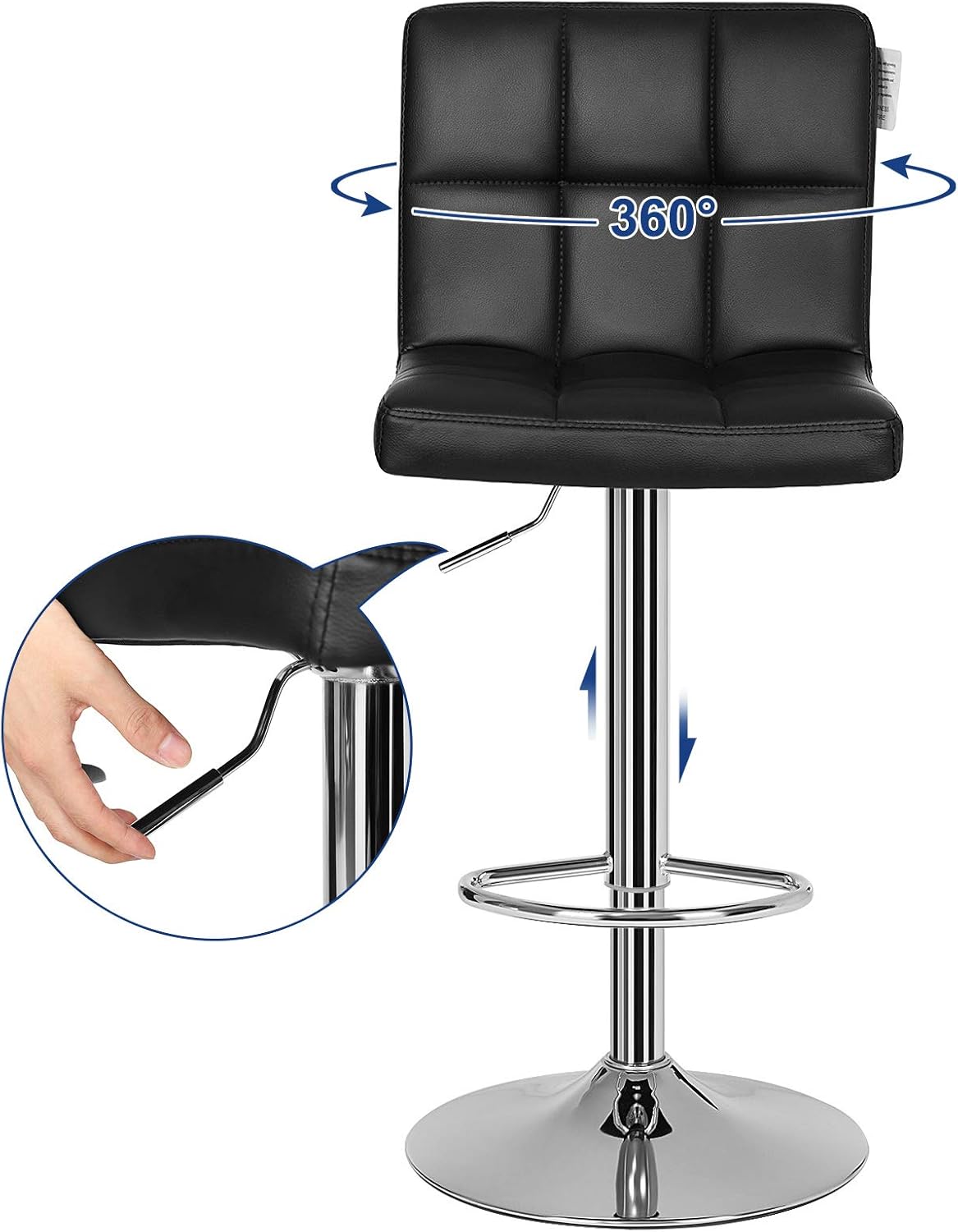 SONGMICS Set 2 scaune bar reglabile pe inaltime, cu spatar, sezut PU si suport picioare, rotatie 360°, 38x45x115 cm, negru - imagine 3