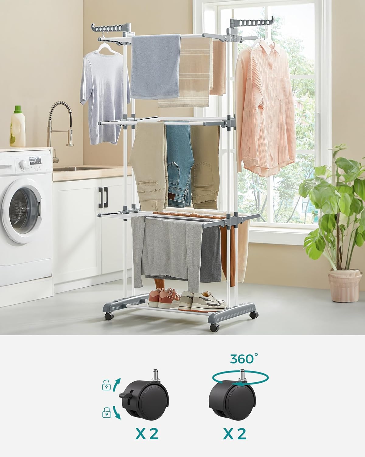 SONGMICS Uscator de rufe pliabil 4 niveluri, cu aripi laterale si roti, otel inoxidabil, 126x64x172 cm, alb - imagine 3