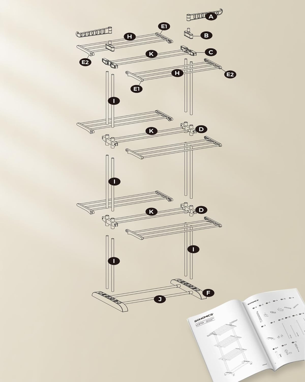 SONGMICS Uscator de rufe pliabil 4 niveluri, cu aripi laterale si roti, otel inoxidabil, 126x64x172 cm, alb - imagine 4