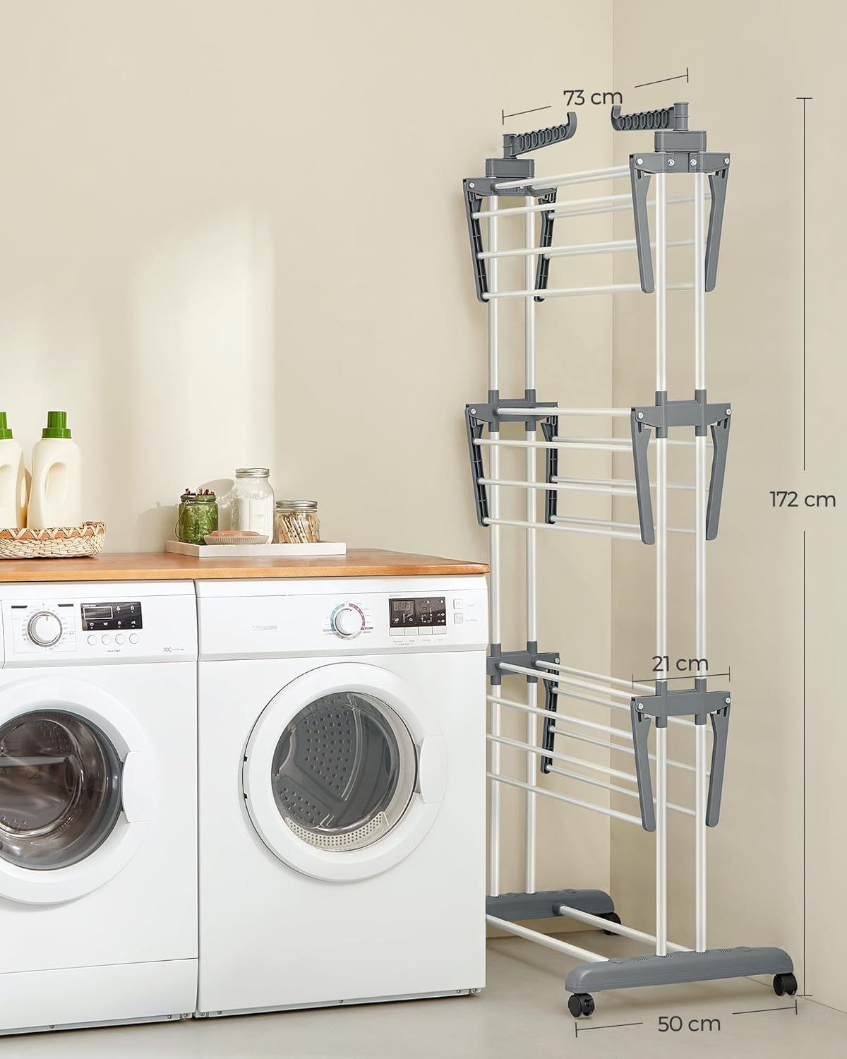 SONGMICS Uscator de rufe pliabil 4 niveluri, cu aripi laterale si roti, otel inoxidabil, 126x64x172 cm, alb - imagine 5