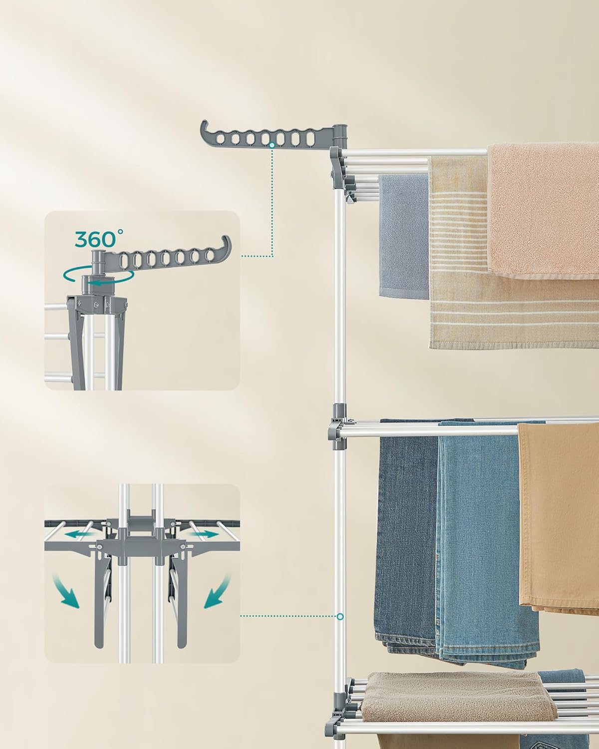 SONGMICS Uscator de rufe pliabil 4 niveluri, cu aripi laterale si roti, otel inoxidabil, 126x64x172 cm, alb - imagine 6