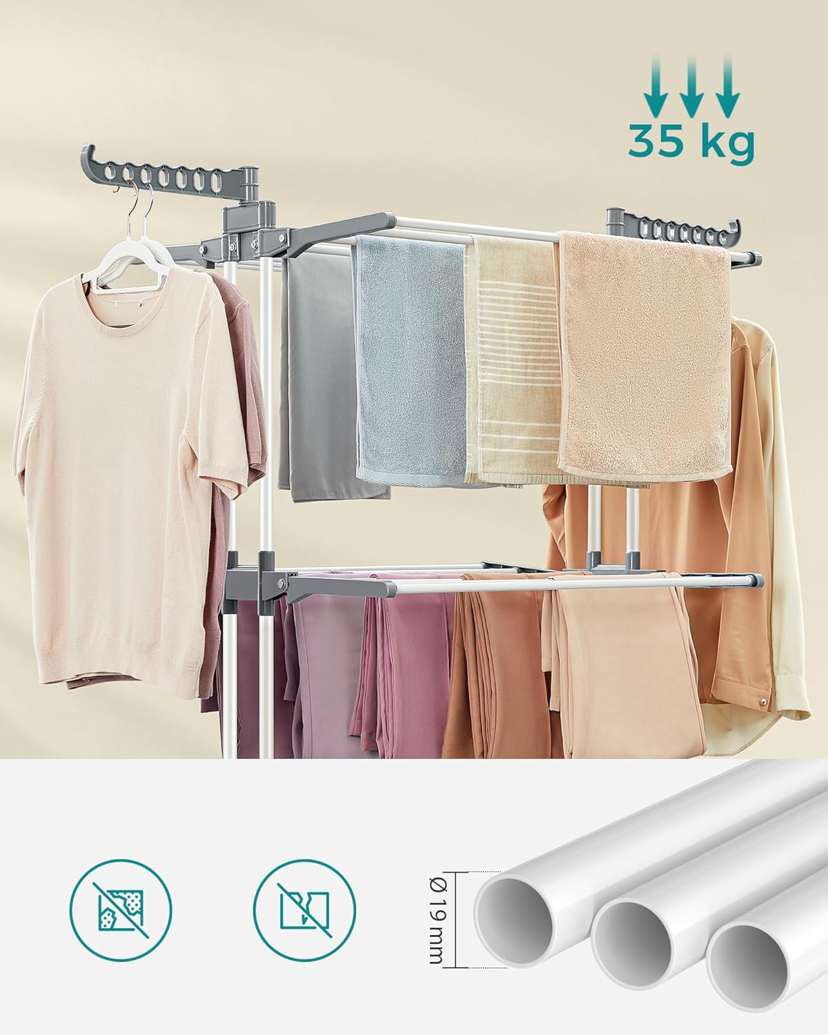 SONGMICS Uscator de rufe pliabil 4 niveluri, cu aripi laterale si roti, otel inoxidabil, 126x64x172 cm, alb - imagine 8