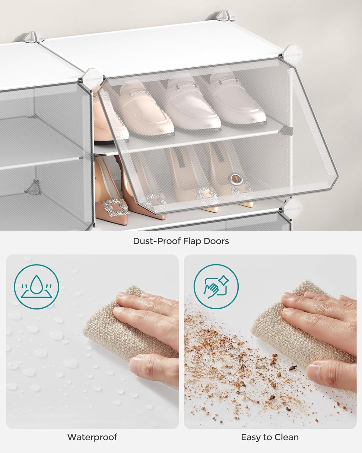 SONGMICS Dulap pantofi modular 6 compartimente, cu usi si cadru metalic, organizator incaltaminte, 32x124x94 cm, alb - imagine 6