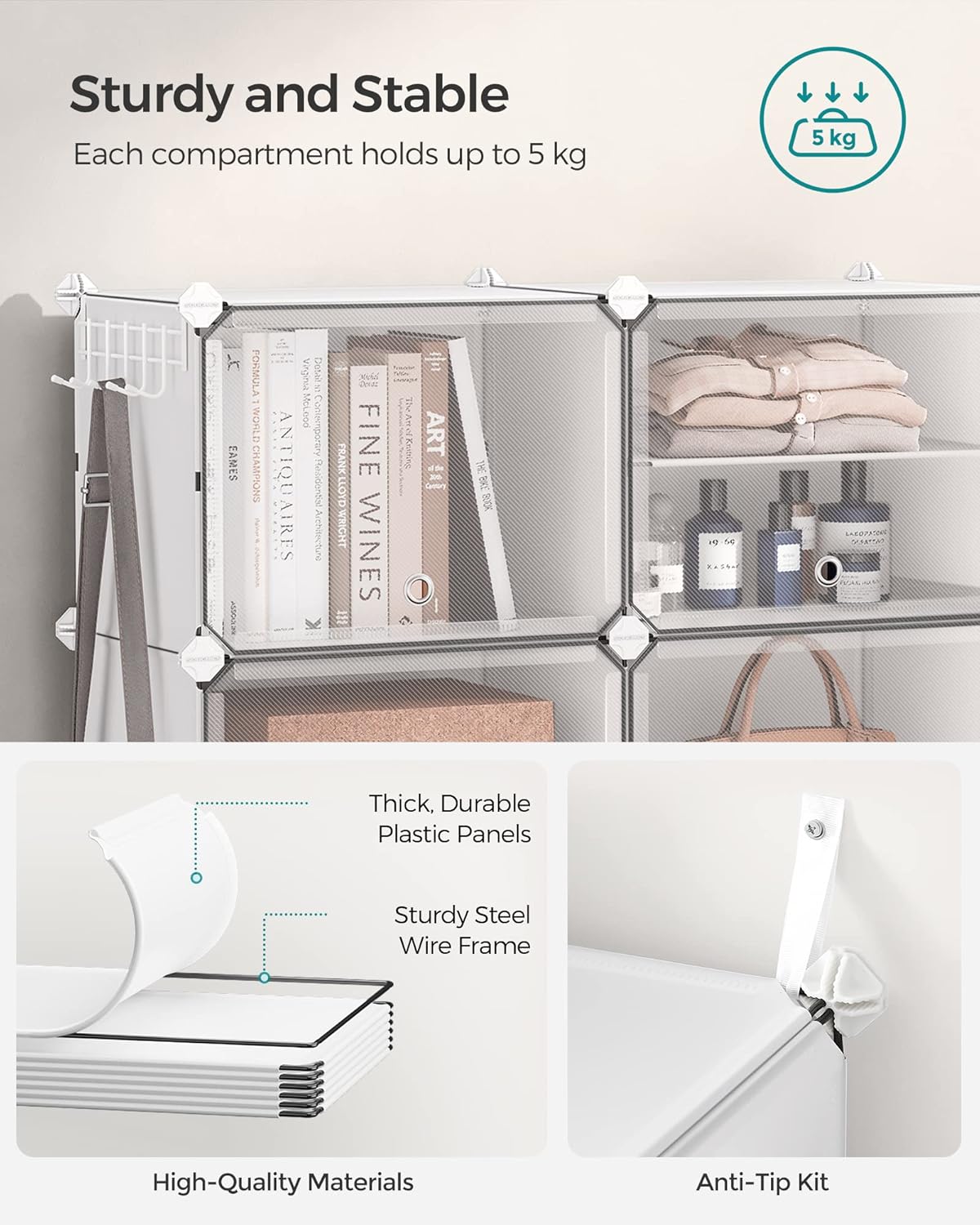 SONGMICS Dulap pantofi modular 6 compartimente, cu usi si cadru metalic, organizator incaltaminte, 32x124x94 cm, alb - imagine 9