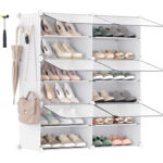 SONGMICS Dulap pantofi modular 6 compartimente, cu usi si cadru metalic, organizator incaltaminte, 32x124x94 cm, alb