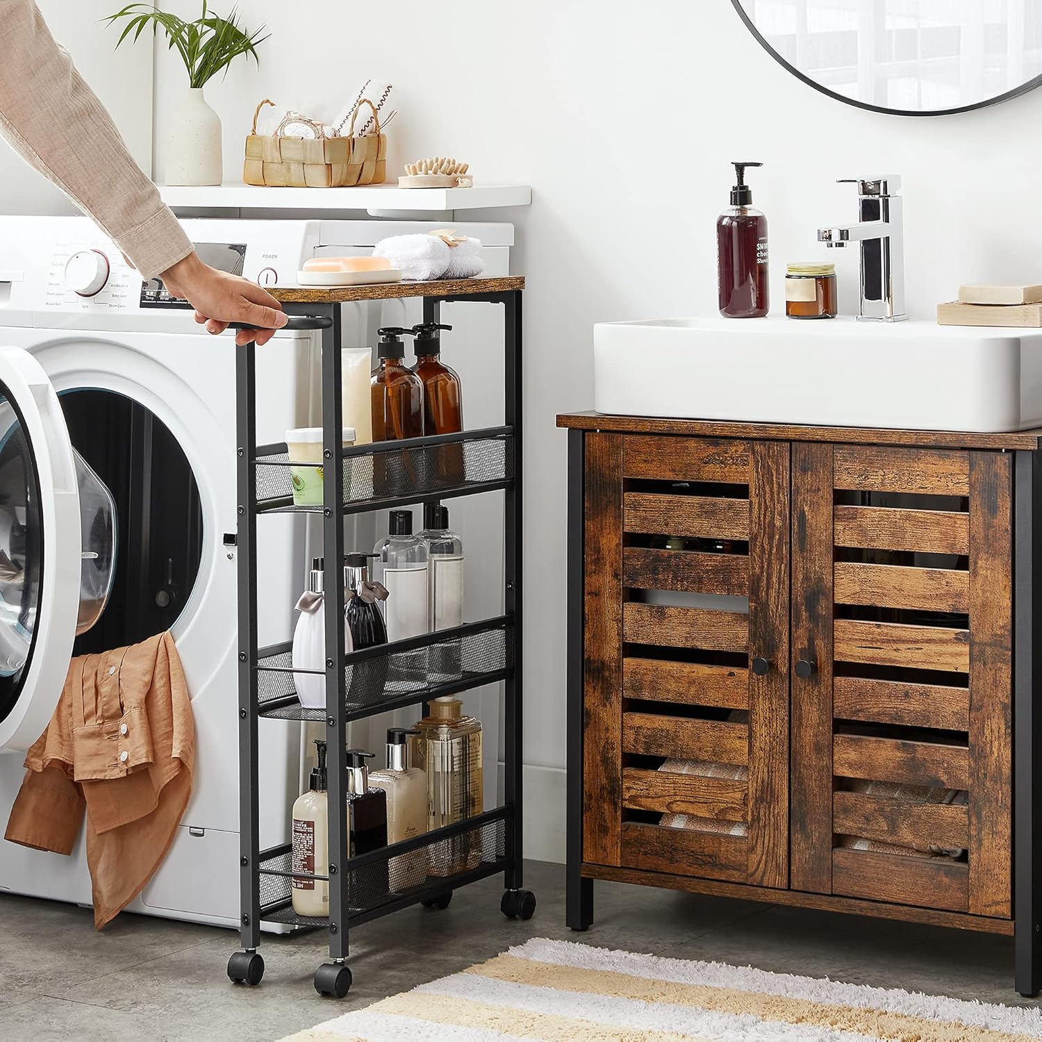 VASAGLE Carucior de bucatarie ingust cu roti, 4 niveluri, cadru metalic, 13x47x77 cm, maro rustic - imagine 6