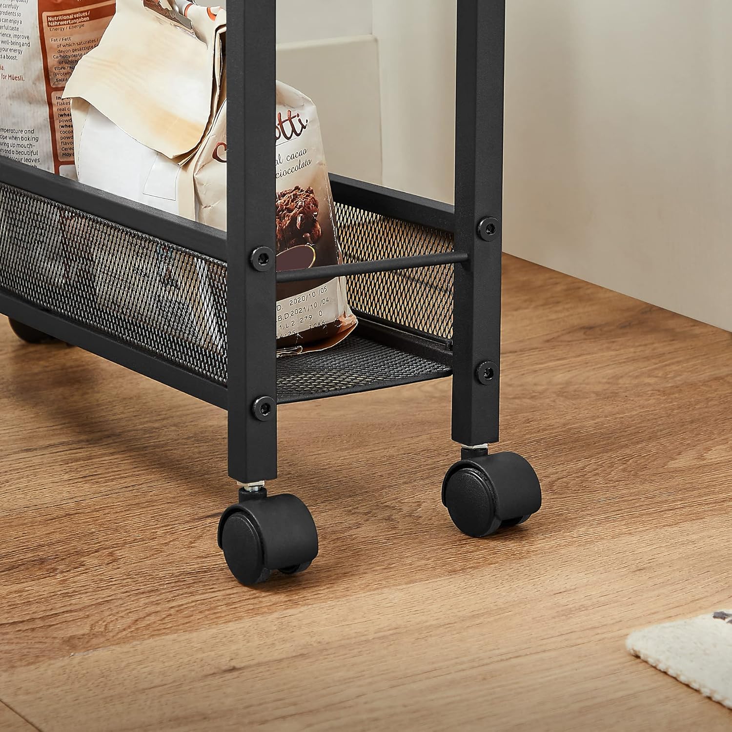 VASAGLE Carucior de bucatarie ingust cu roti, 4 niveluri, cadru metalic, 13x47x77 cm, maro rustic - imagine 7