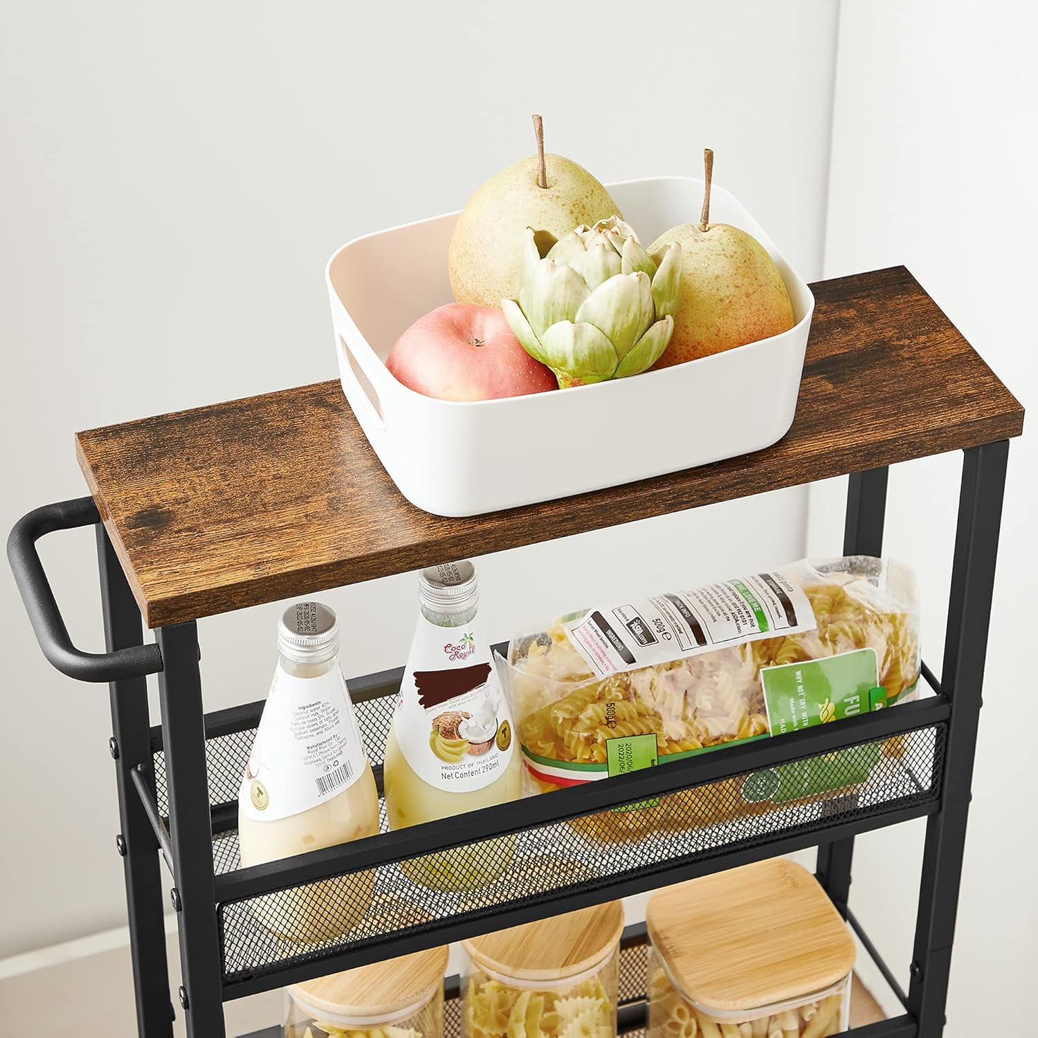 VASAGLE Carucior de bucatarie ingust cu roti, 4 niveluri, cadru metalic, 13x47x77 cm, maro rustic - imagine 8