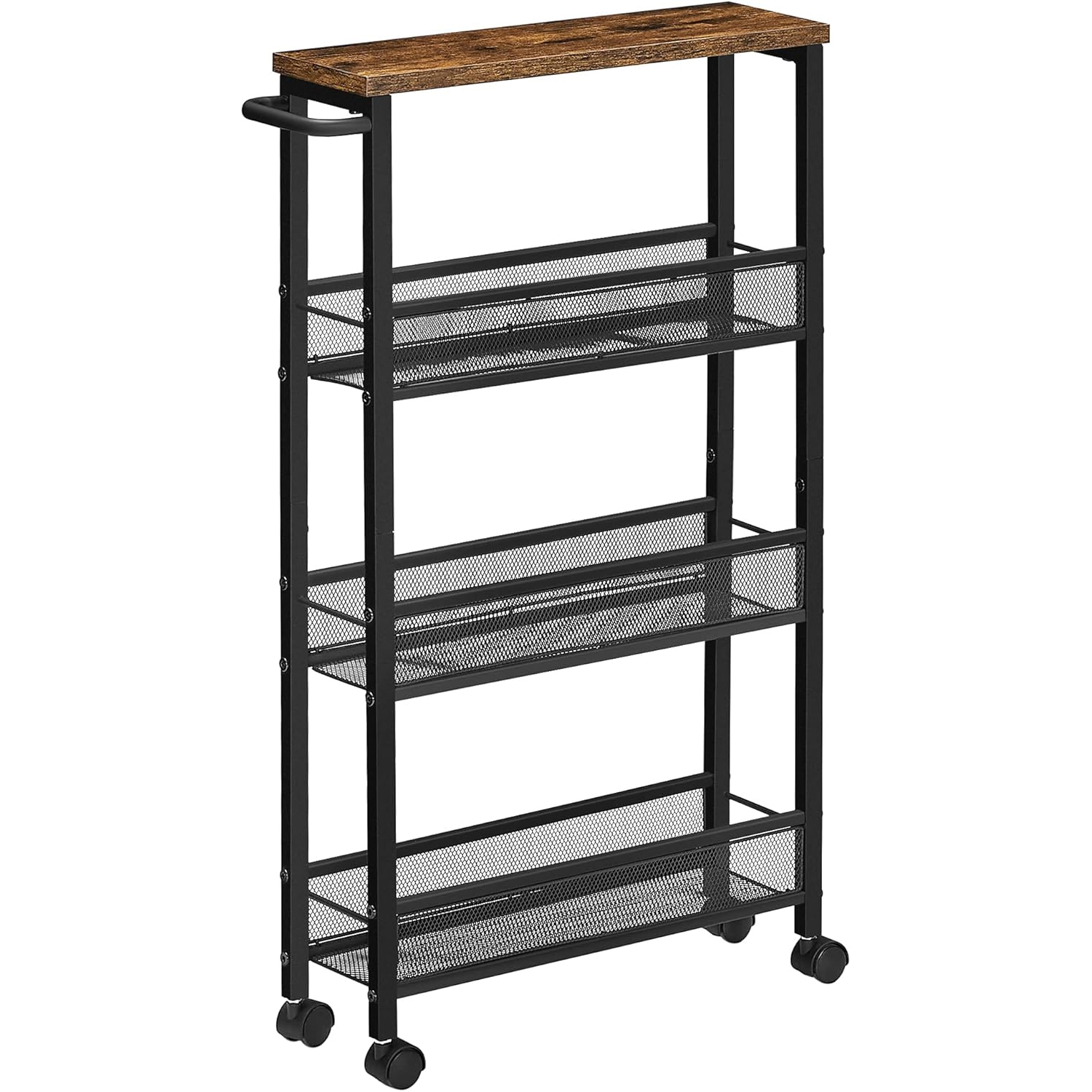 VASAGLE Carucior de bucatarie ingust cu roti, 4 niveluri, cadru metalic, 13x47x77 cm, maro rustic