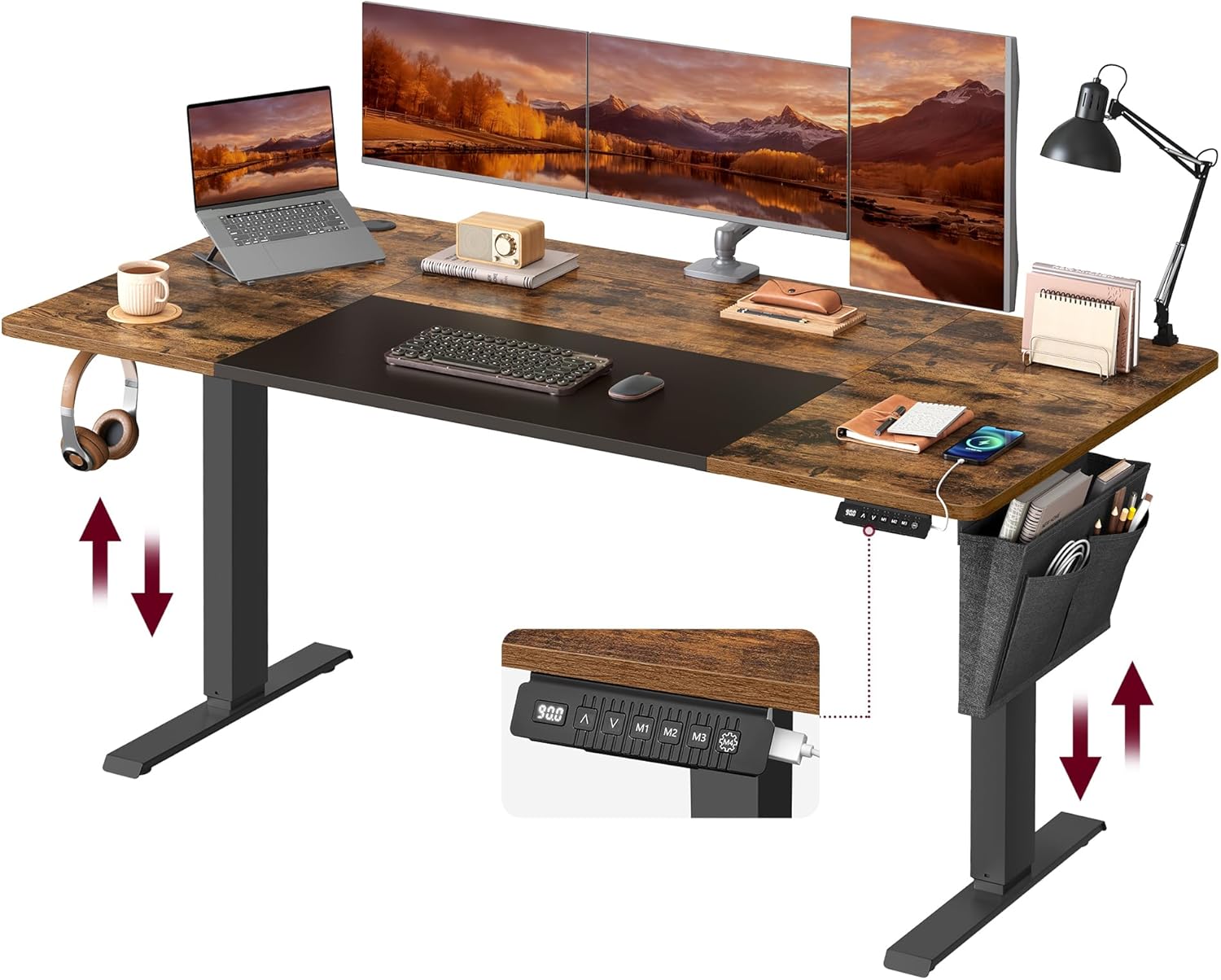 SONGMICS Birou reglabil electric pe inaltime, cadru metalic, blat lemn compozit, 160x70x120 cm, maro rustic - imagine 2