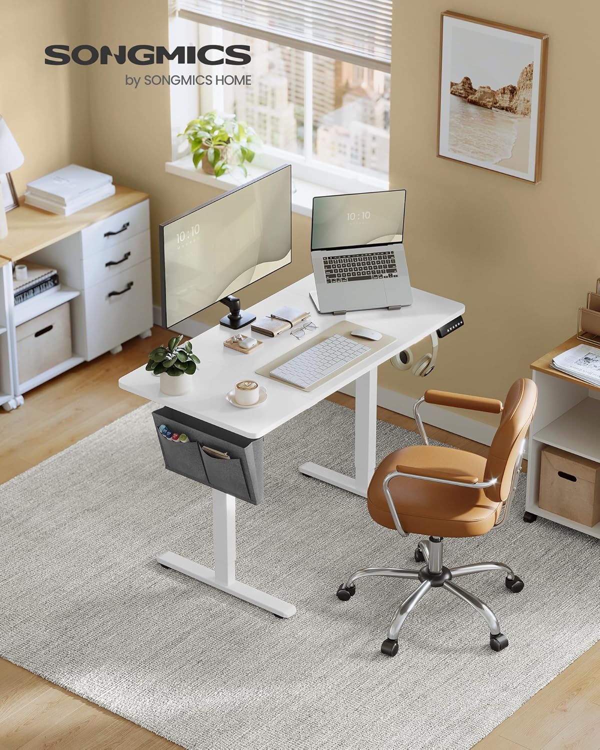 SONGMICS Birou electric reglabil pe inaltime, 120x60x(72-120) cm, memorie 4 pozitii, USB-C, cadru metalic, alb - imagine 6